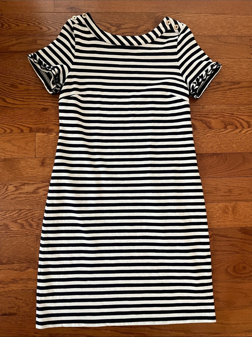 TALBOTS Navy Blue & White Stripe Short Ruffle Sleeve Nautical Knit Dress M